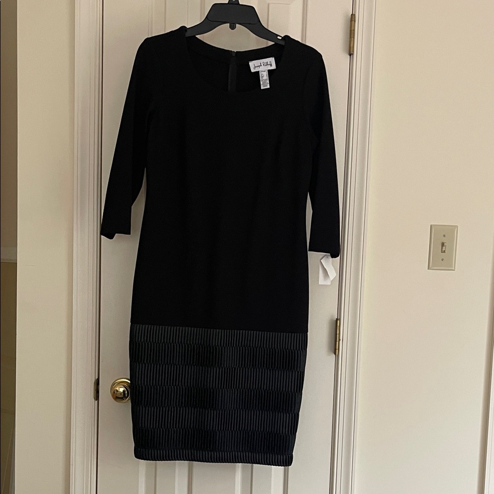 Stunning Joseph Ribkoff black dress with faux leather detail on front skirt